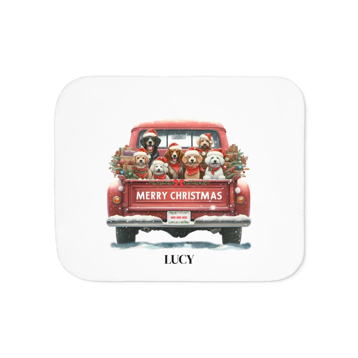 Personalized Sherpa blanket with a classic red pick up truck filled with festive dogs. 