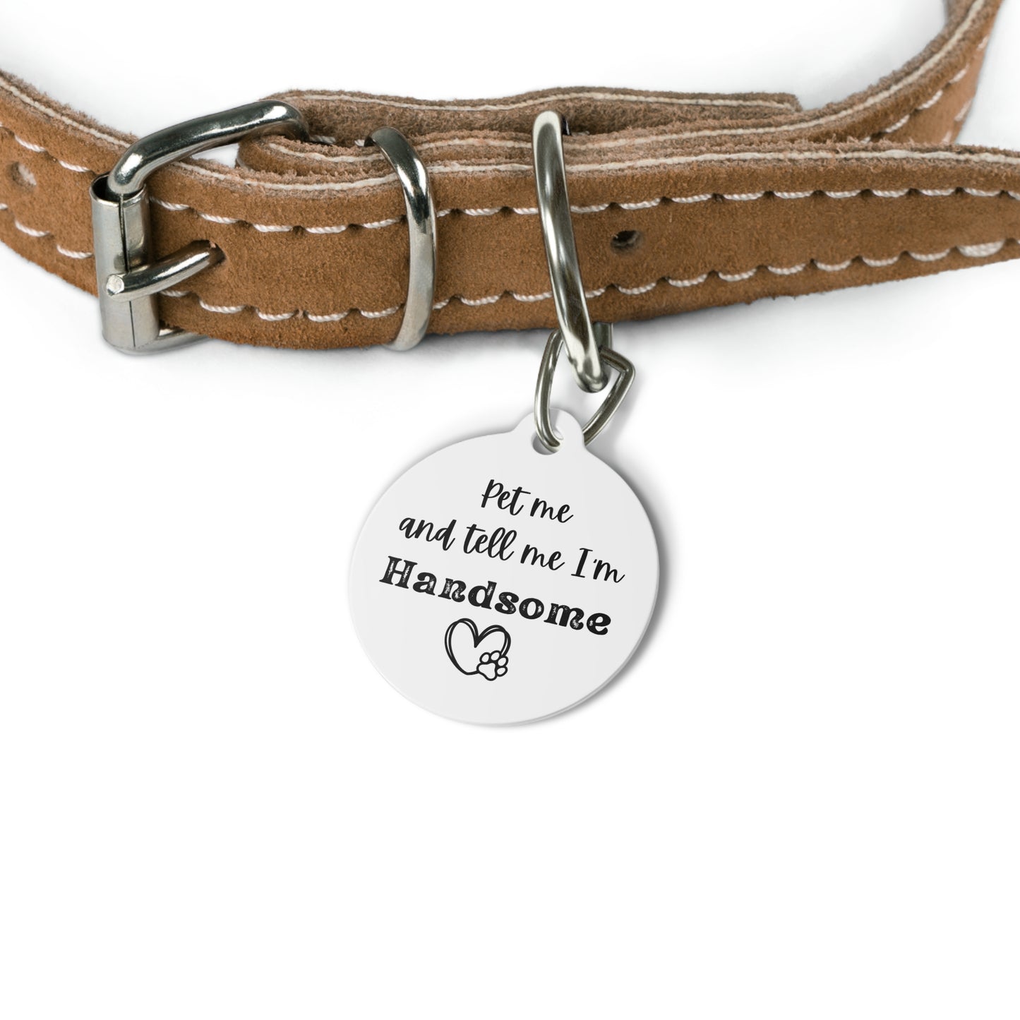 Funny Dog Tag "Pet me and tell me I'm handsome." (1 inch)