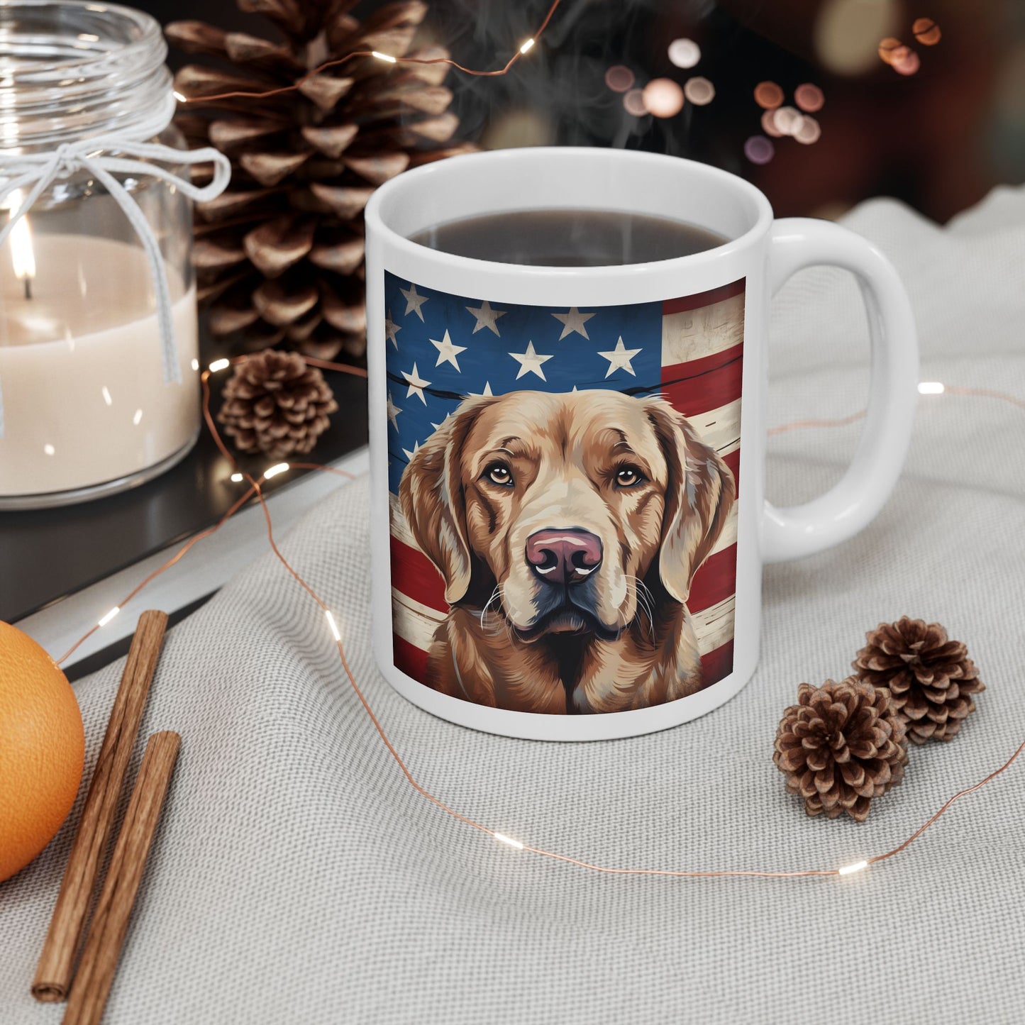 Patriotic Golden Retriever Ceramic Mug, (11oz)