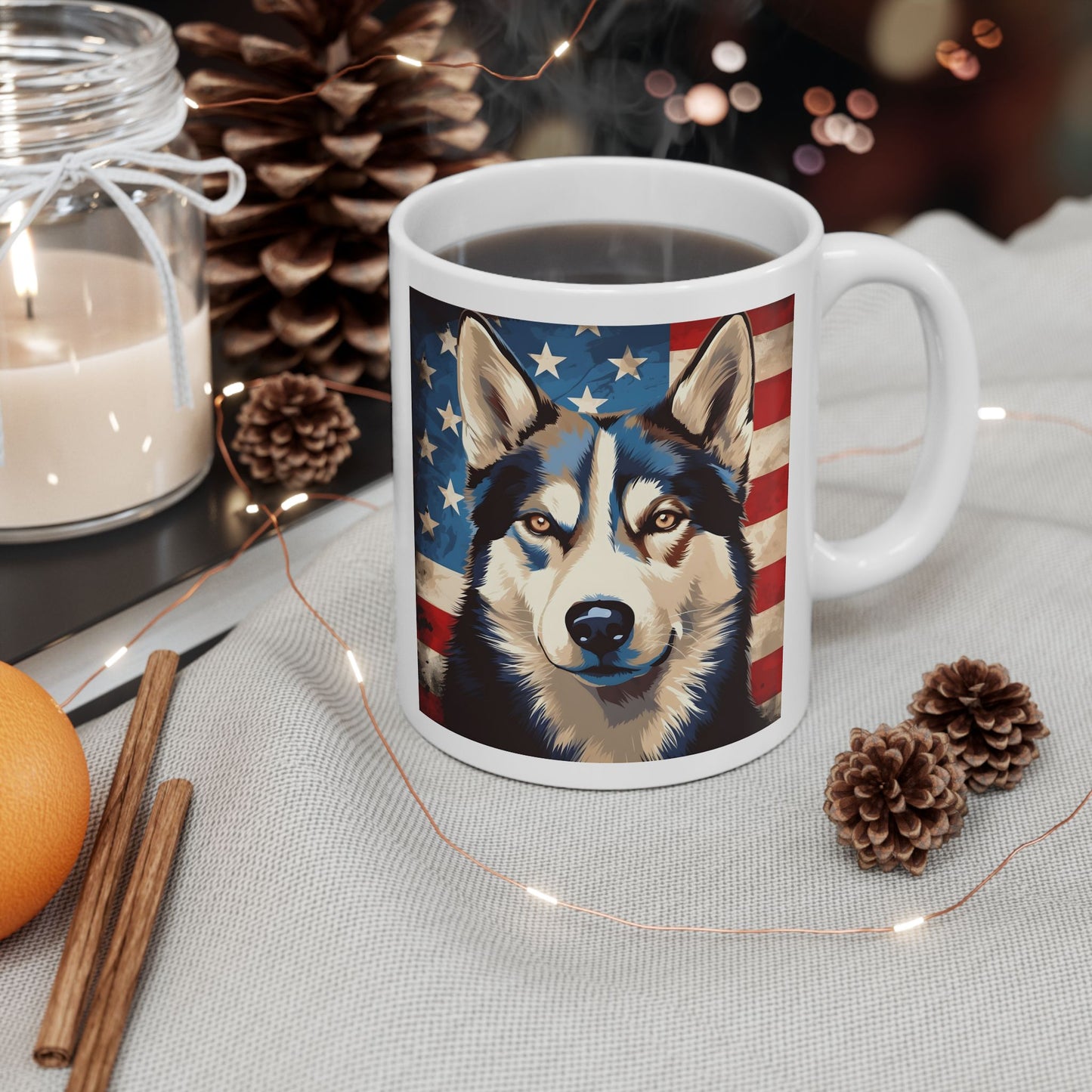 Patriotic Siberian Husky Ceramic Mug, (11oz)