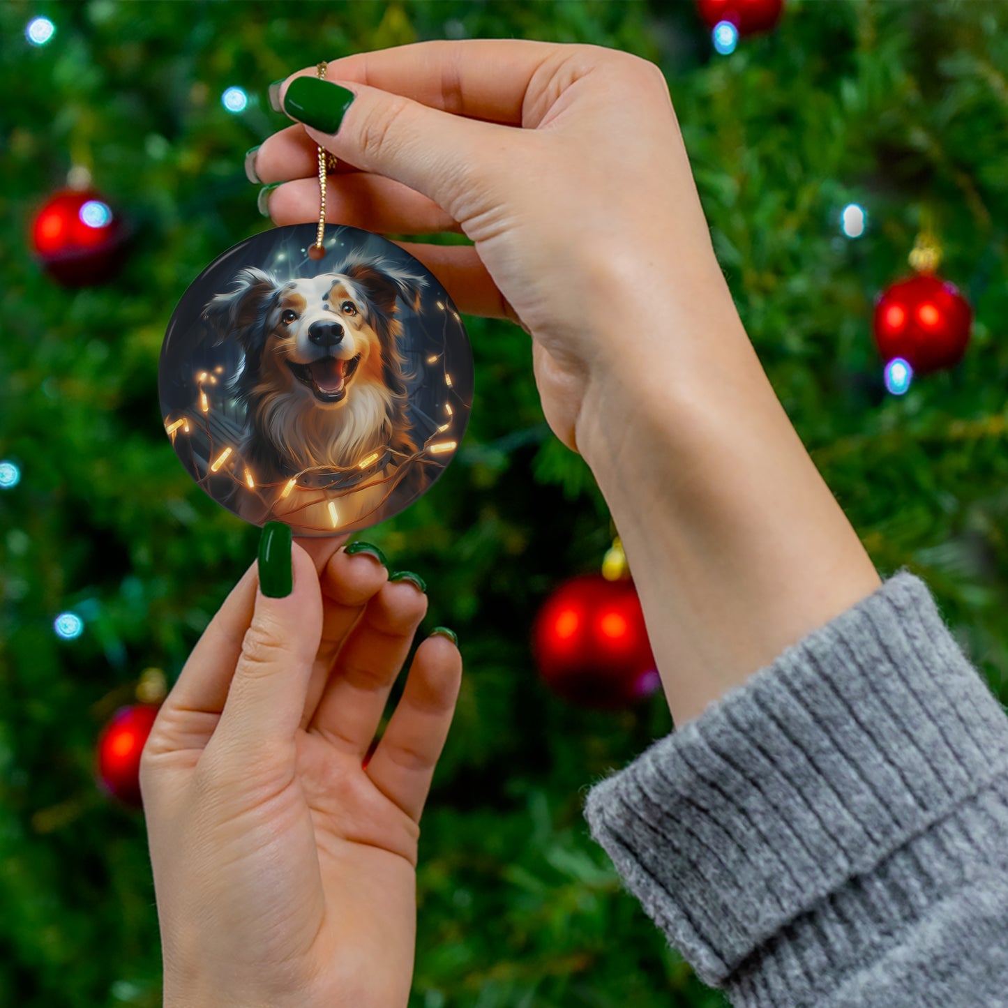 Christmas Ornament - Australian Shepherd with Twinkle Lights