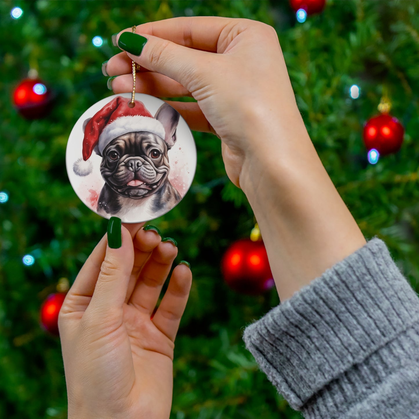 Christmas Ornament - French Bulldog in Santa Hat