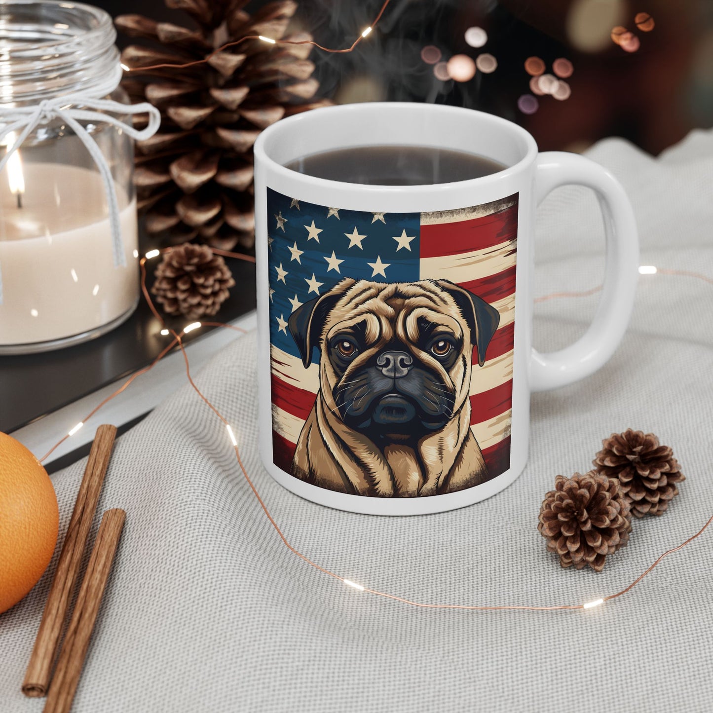 Patriotic Pug Ceramic Mug, (11oz)