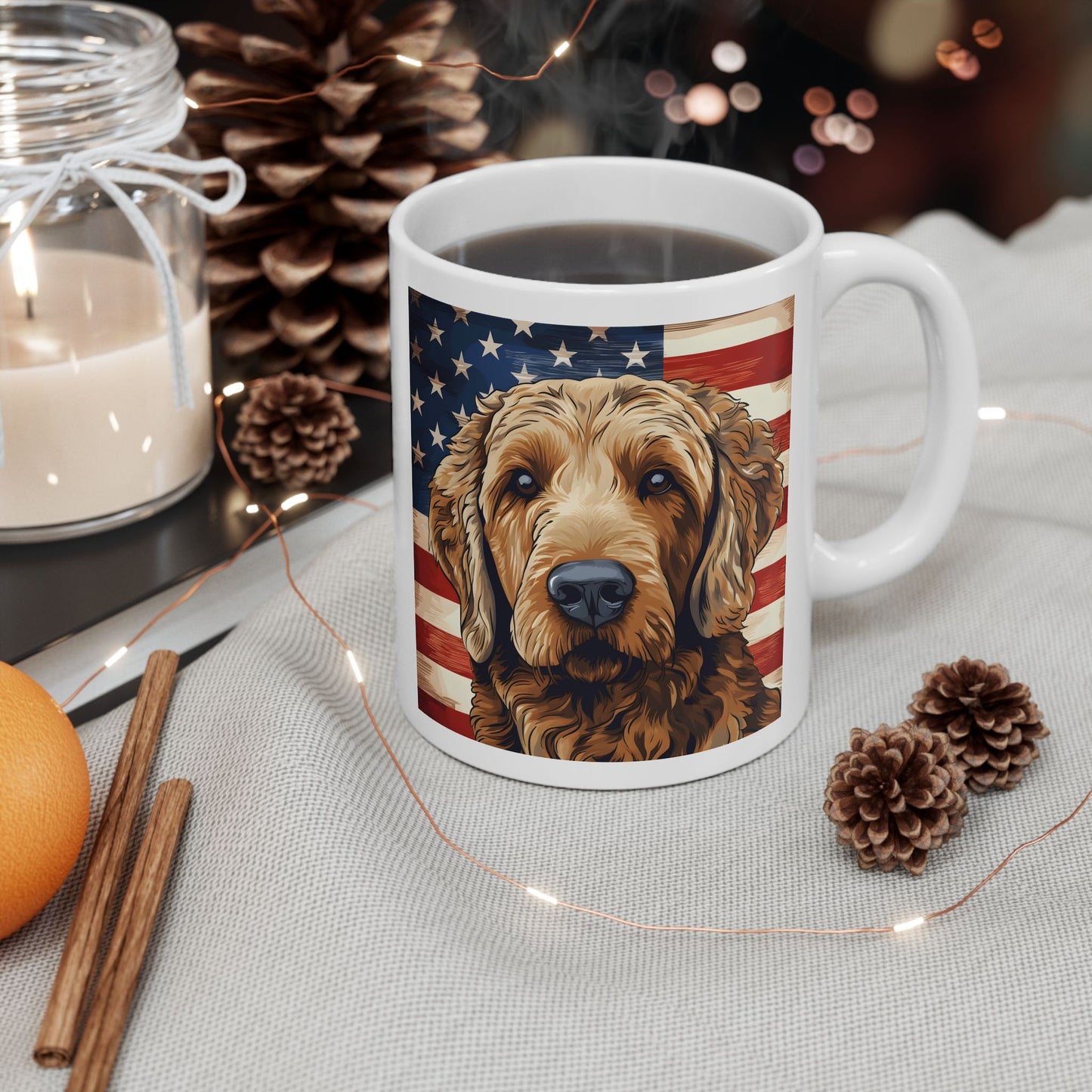 Patriotic Goldendoodle Ceramic Mug, (11oz)