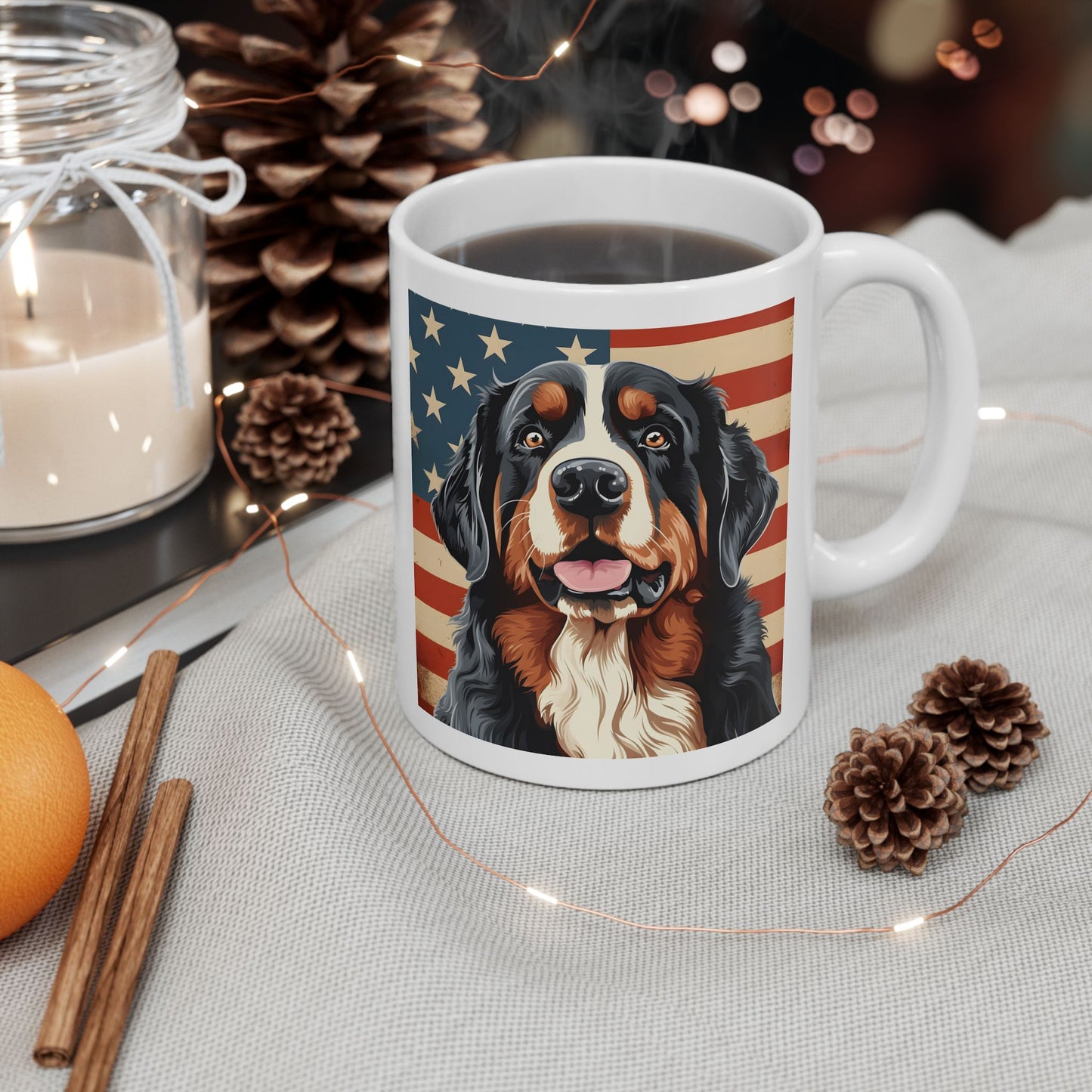 Patriotic Bernese Mountain Dog Ceramic Mug, (11oz)