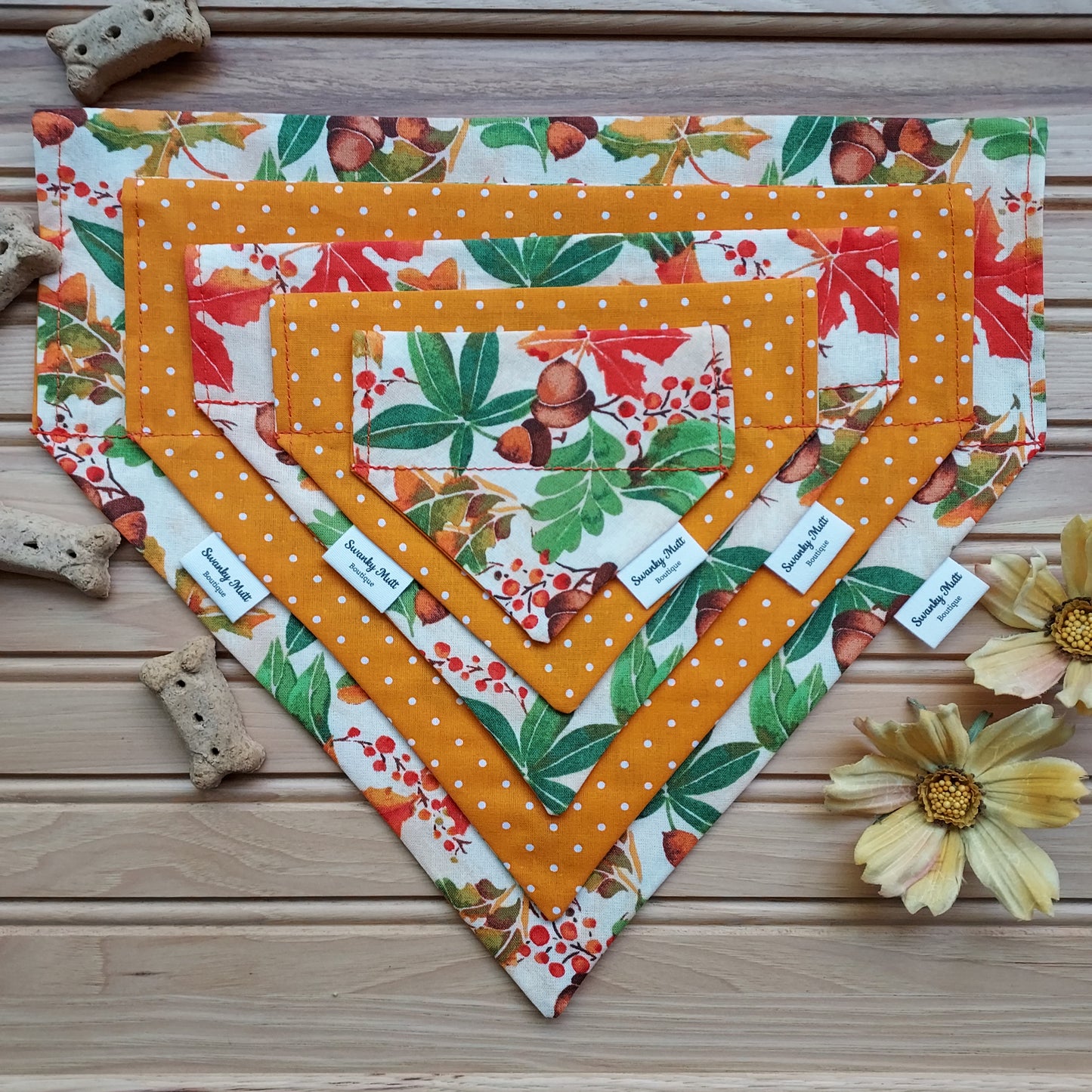 Dog Bandana - Reversible Slide-Over The Collar - Fall Leaves w/ Orange Dots