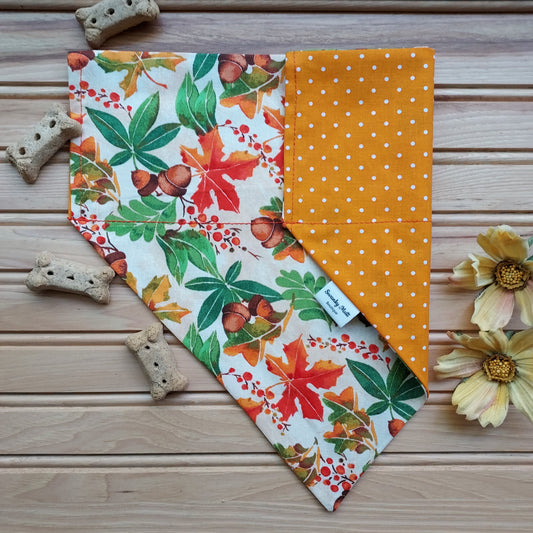 Dog Bandana - Reversible Slide-Over The Collar - Fall Leaves w/ Orange Dots