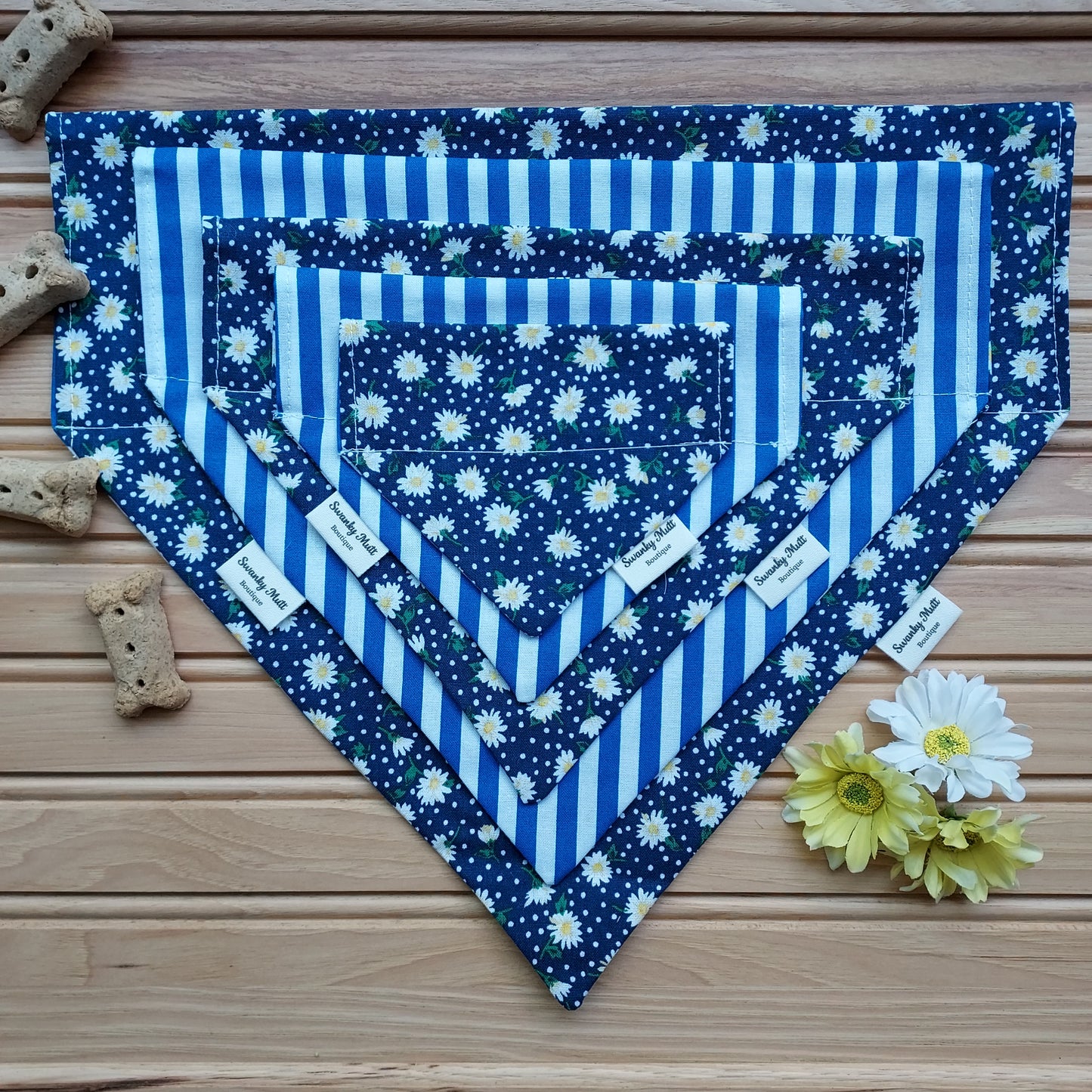 Dog Bandana - Reversible Slide-Over The Collar - White Daisies w/ Blue and White Stripes