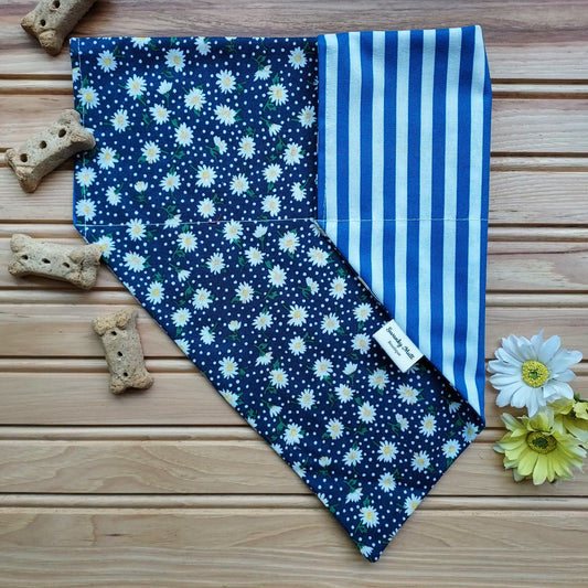 Dog Bandana - Reversible Slide-Over The Collar - White Daisies w/ Blue and White Stripes