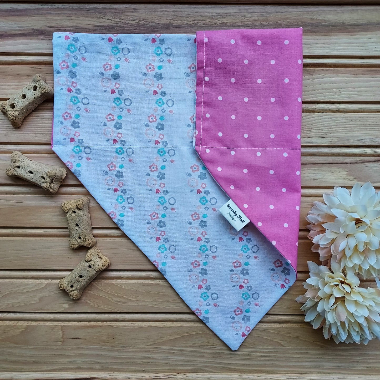 Dog Bandana - Reversible Slide-Over The Collar - Pink Flower w/ Pink Dots