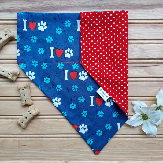 Dog Bandana - Reversible Slide-Over The Collar - I Love Dogs