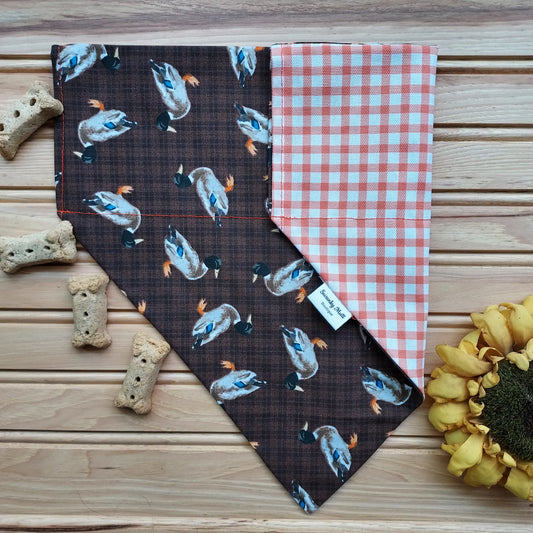 Dog Bandana - Reversible Slide-Over The Collar - Mallard Duck w/ Orange Check