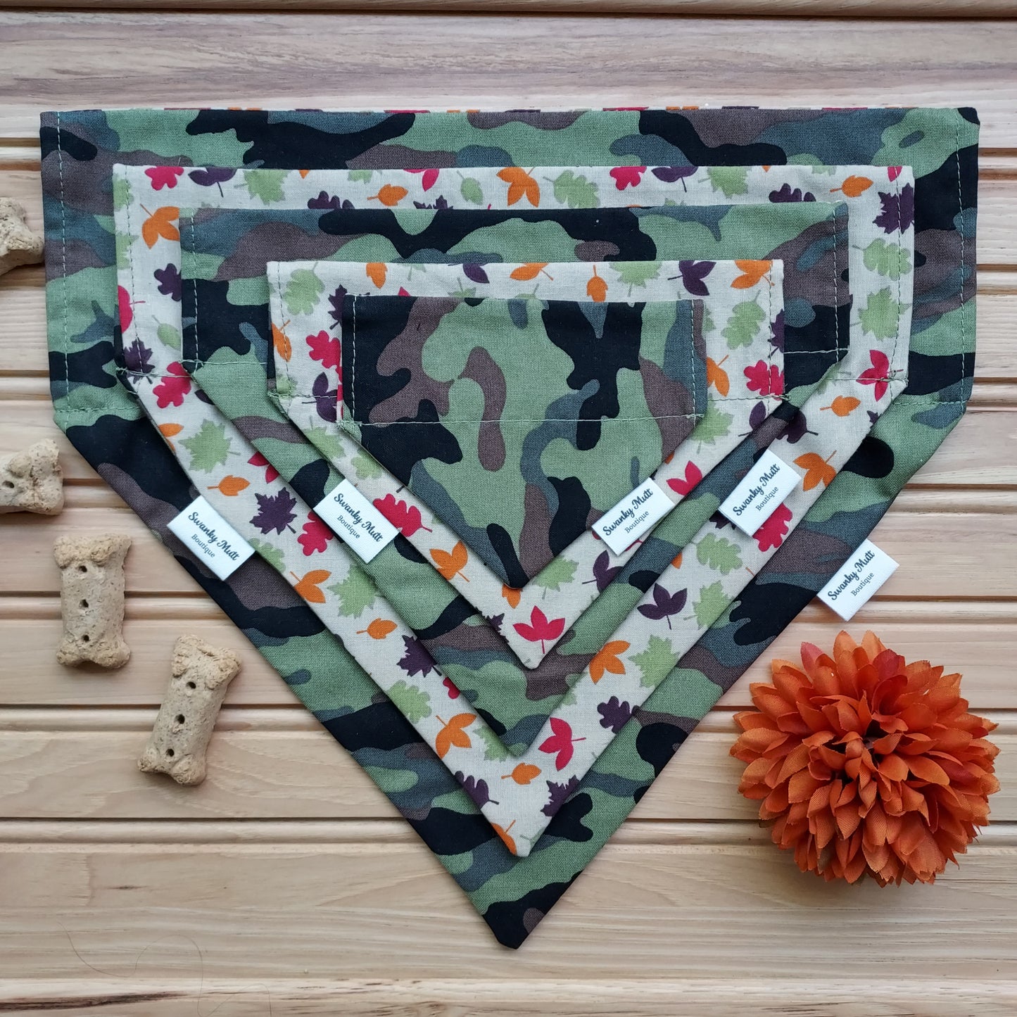 Dog Bandana - Reversible Slide-Over The Collar - Camo w/ Fall Leaves