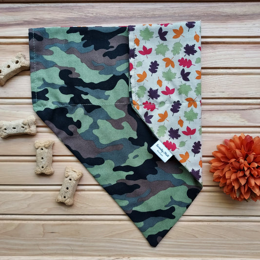 Dog Bandana - Reversible Slide-Over The Collar - Camo w/ Fall Leaves