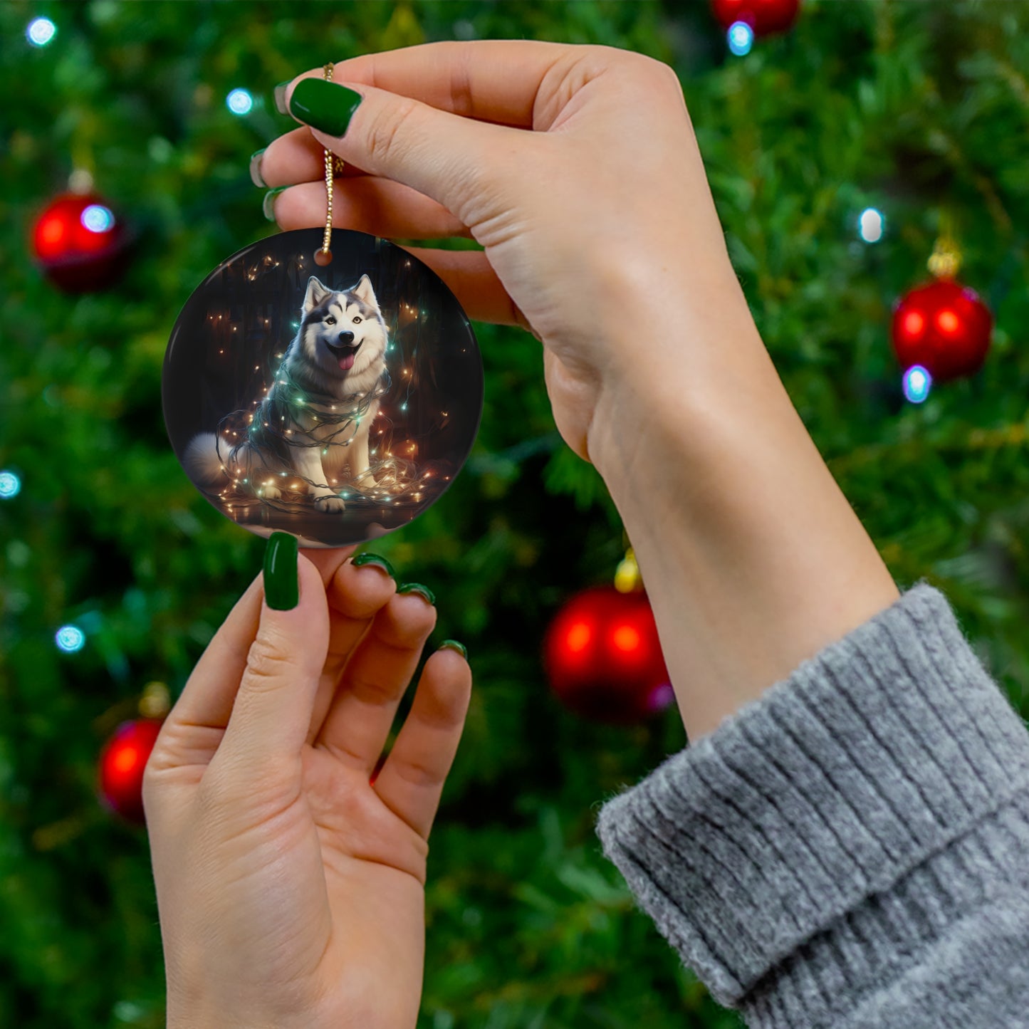 Christmas Ornament - Husky with Twinkle Lights