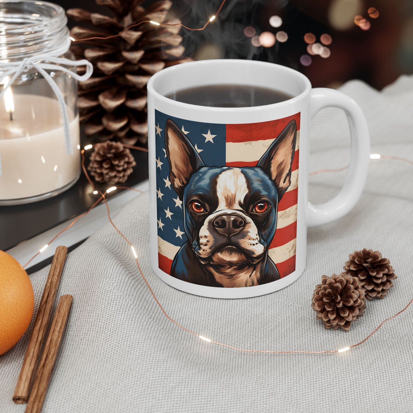 Patriotic Boston Terrier Ceramic Mug, (11oz)