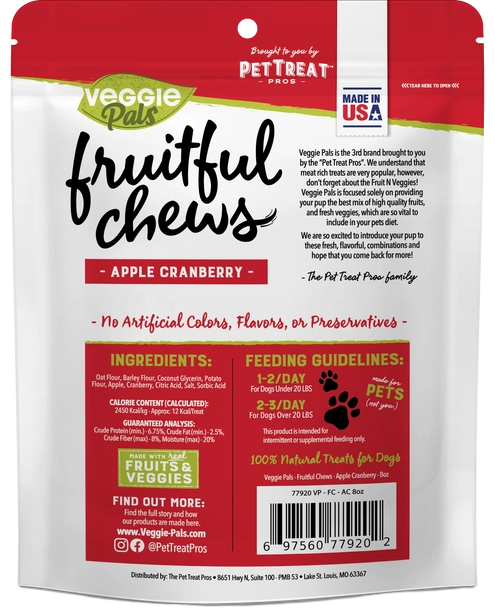 Veggie Pals Fruitful Chews- Apple Cranberry All-Natural Dog Treats 8.1 oz